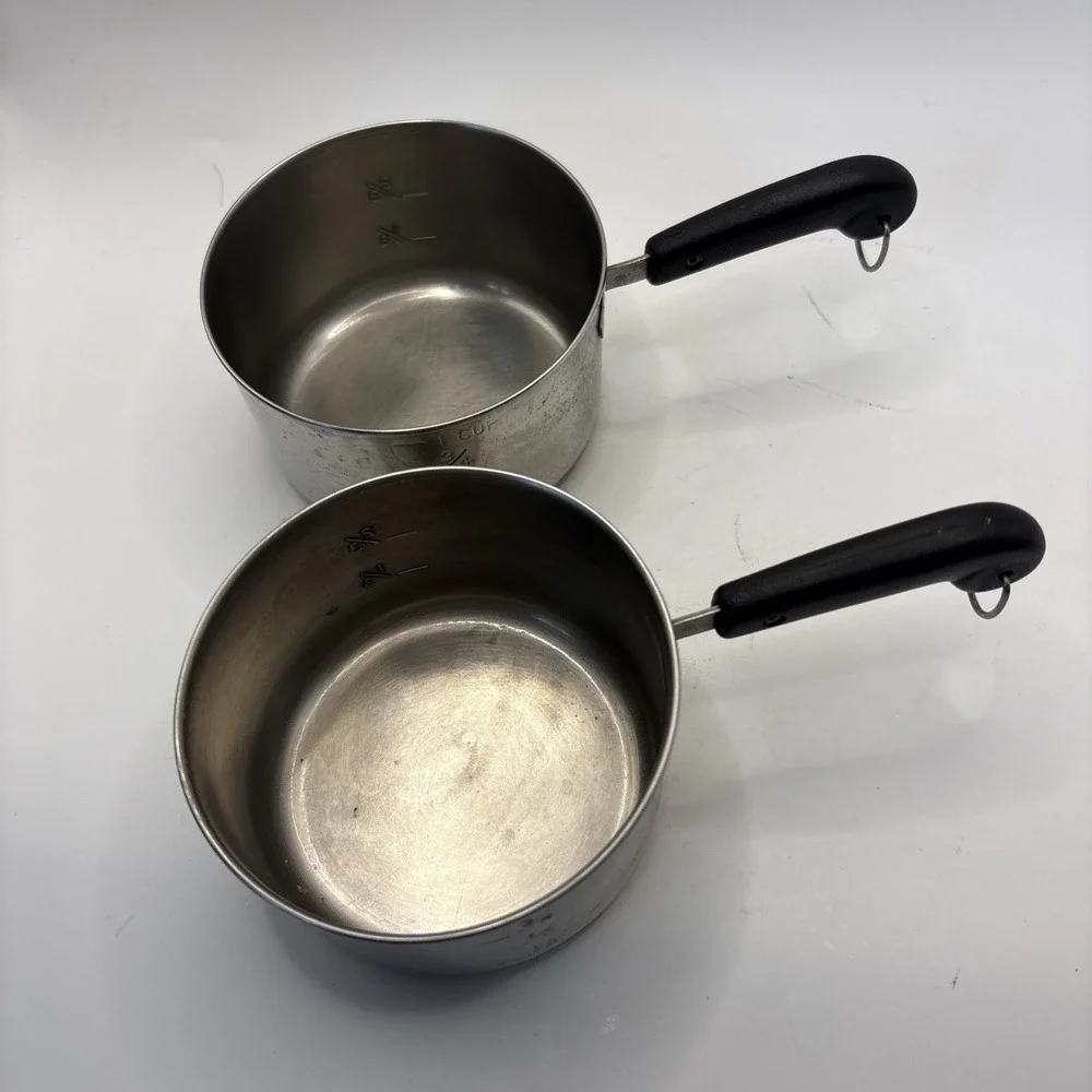 Set Of 2 Vtg 1 Cup Mini Melting Pots Stainless Copper Clad Bottoms Measuring Cup
